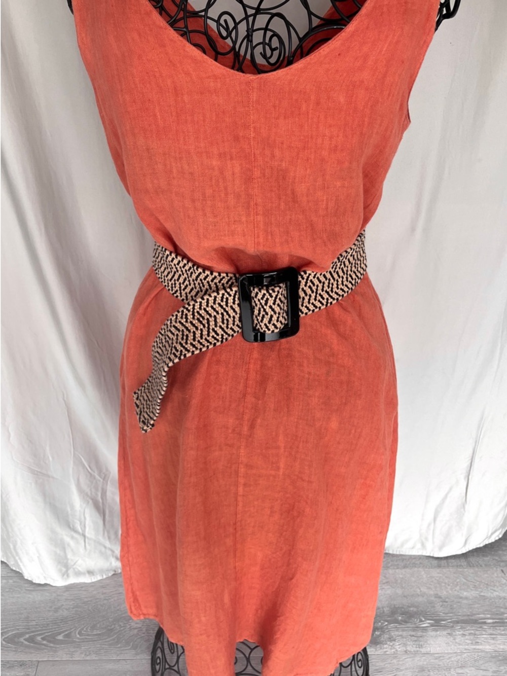 Made in Italy 100% Linen Coral Orange Midi Dress Pockets Sleeveless L